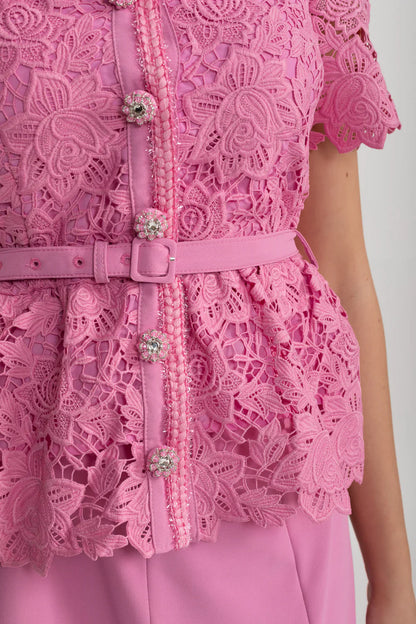 Vestido Elegante Com Top de Renda, Cinto Coordenado e Saia Coordenada - Rosa