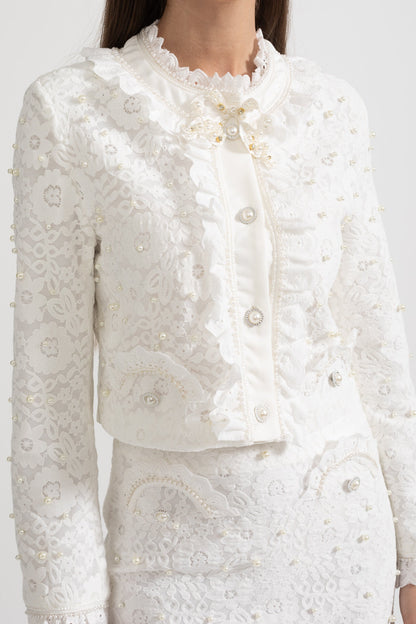 Conjunto Elegante de Duas Peças com Exquisitas Aplicações de Pérolas - Branco