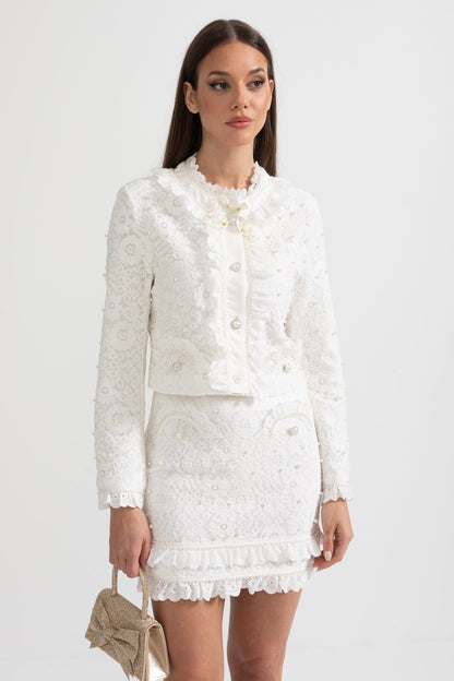 Conjunto Elegante de Duas Peças com Exquisitas Aplicações de Pérolas - Branco