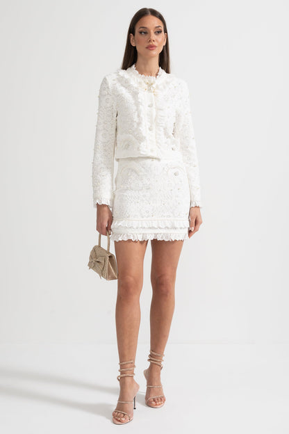 Conjunto Elegante de Duas Peças com Exquisitas Aplicações de Pérolas - Branco