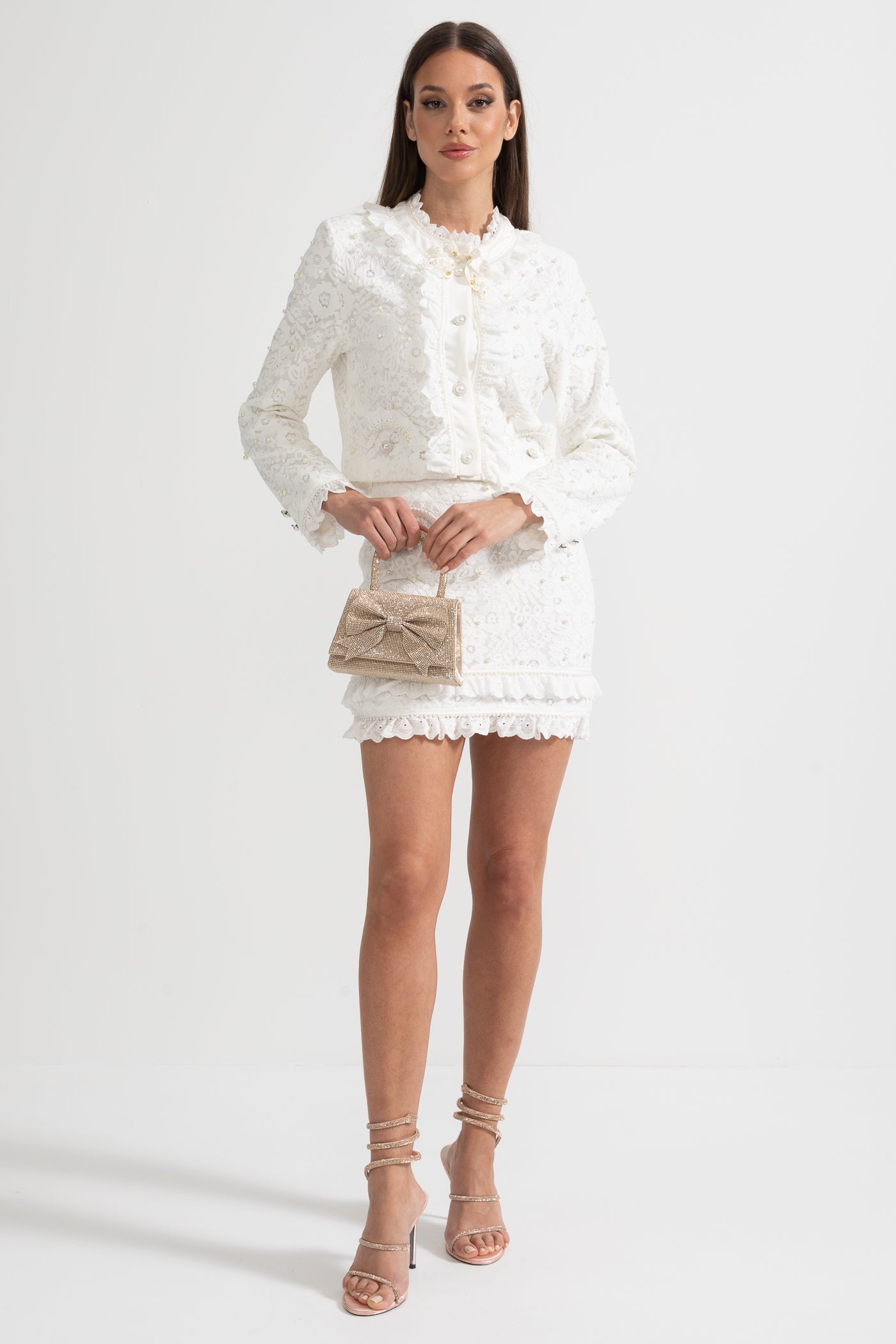 Conjunto Elegante de Duas Peças com Exquisitas Aplicações de Pérolas - Branco