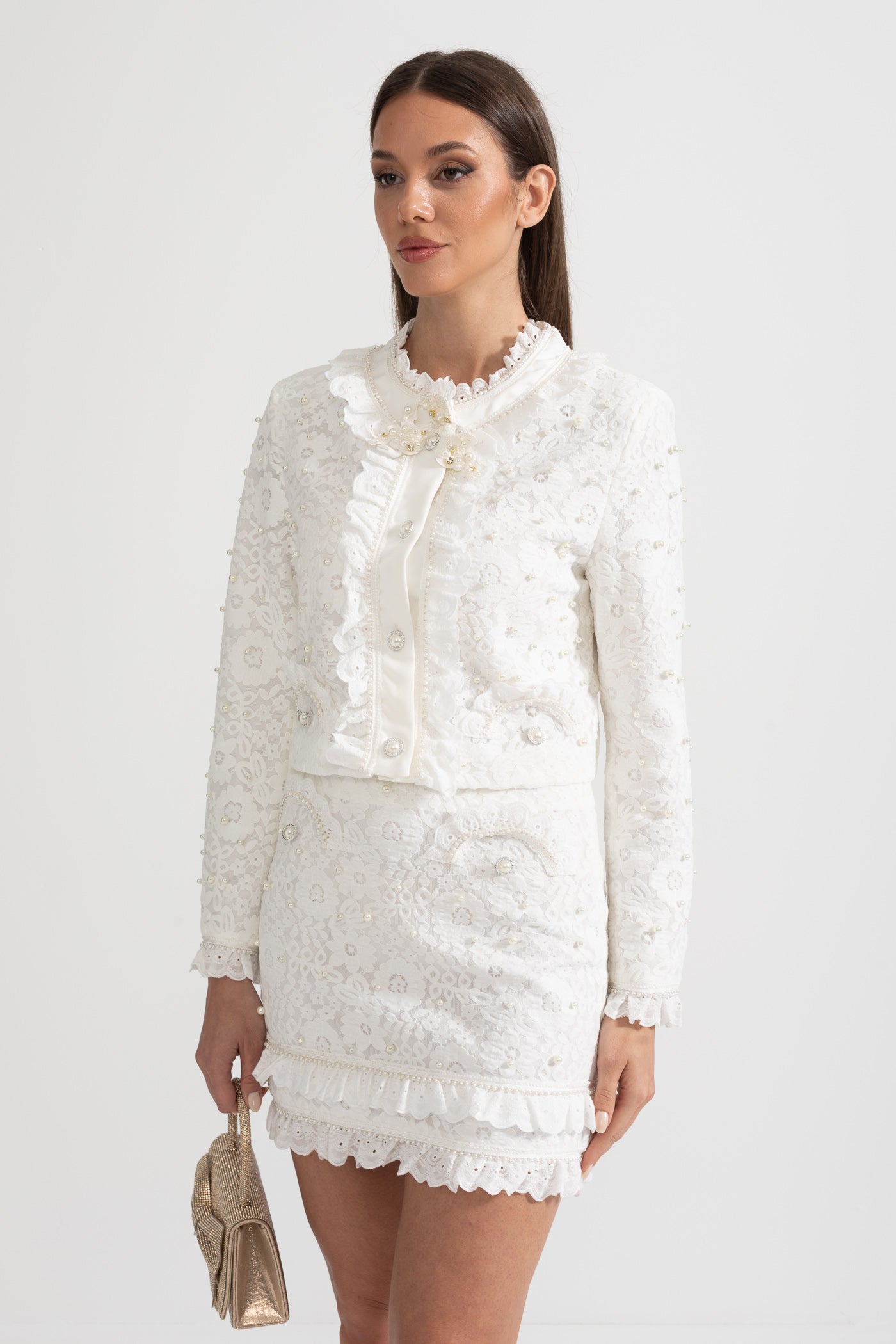 Conjunto Elegante de Duas Peças com Exquisitas Aplicações de Pérolas - Branco