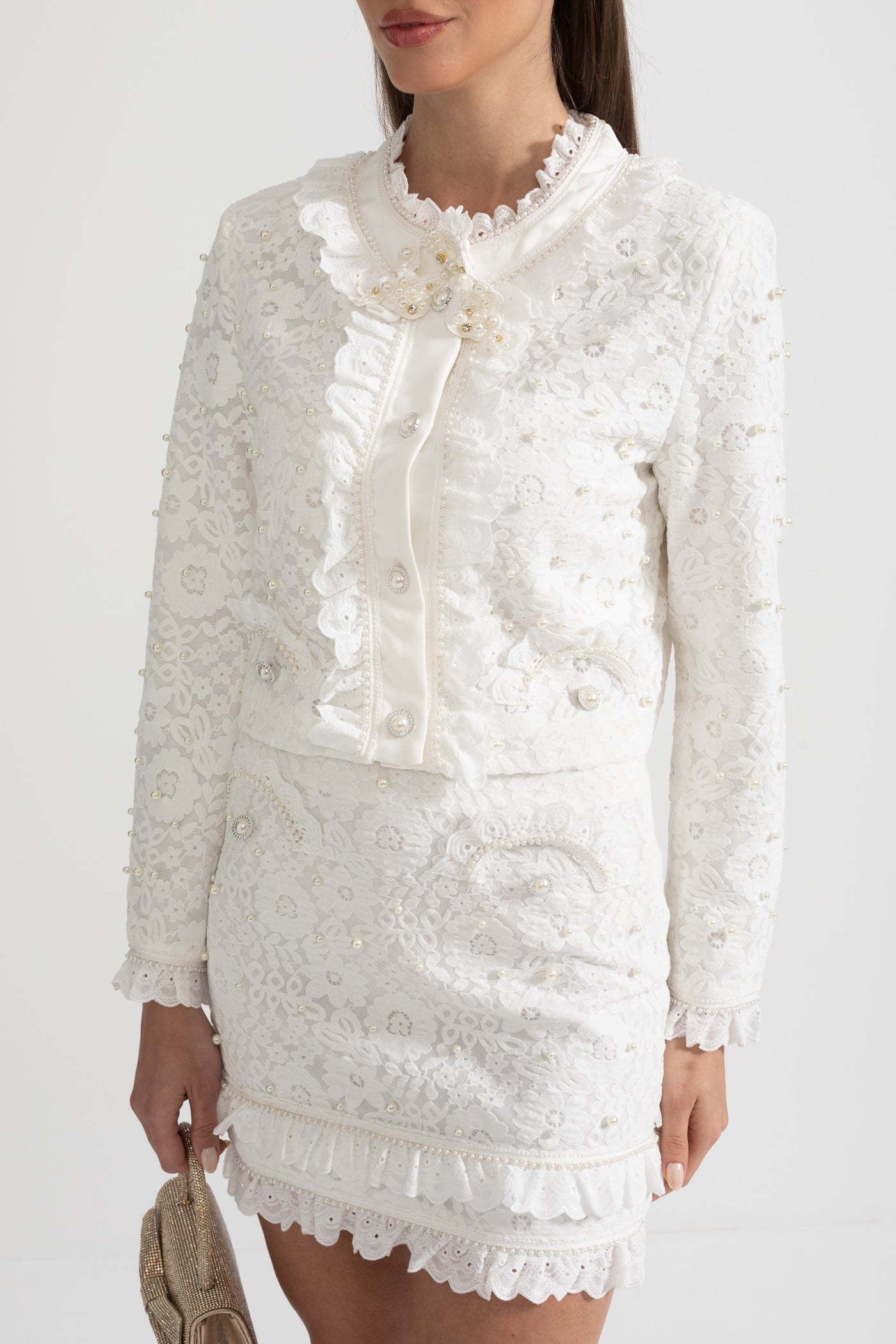 Conjunto Elegante de Duas Peças com Exquisitas Aplicações de Pérolas - Branco