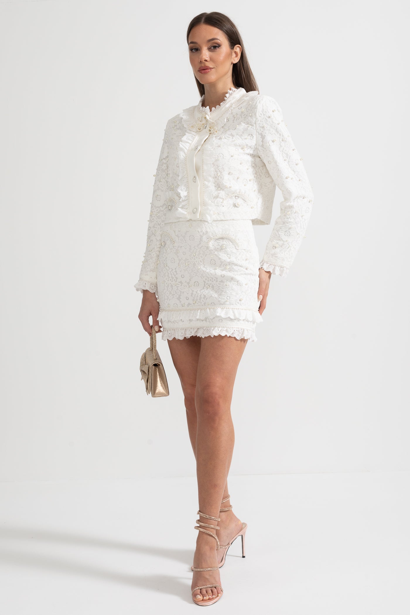 Conjunto Elegante de Duas Peças com Exquisitas Aplicações de Pérolas - Branco