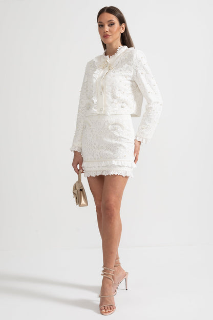 Conjunto Elegante de Duas Peças com Exquisitas Aplicações de Pérolas - Branco