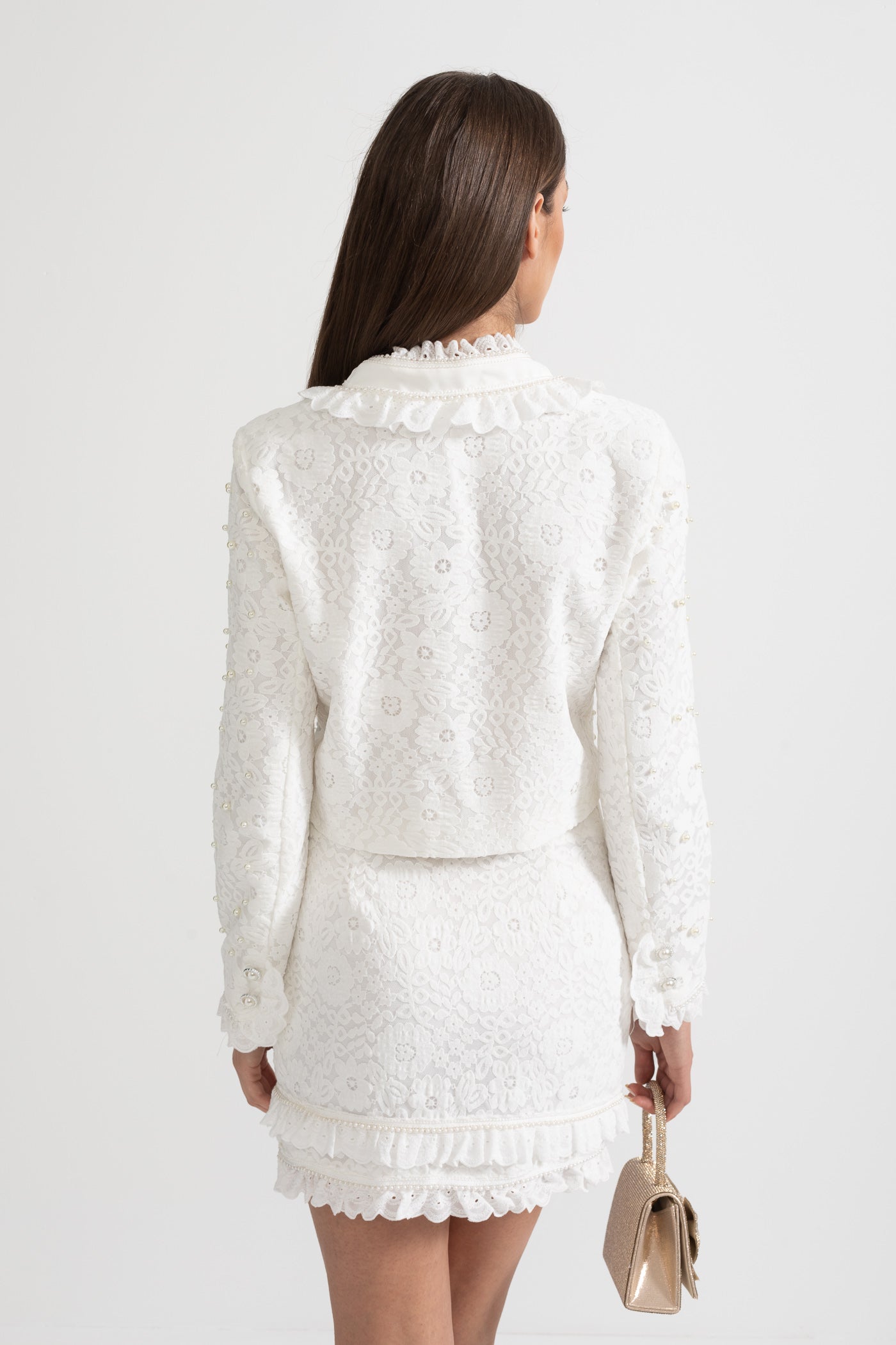 Conjunto Elegante de Duas Peças com Exquisitas Aplicações de Pérolas - Branco