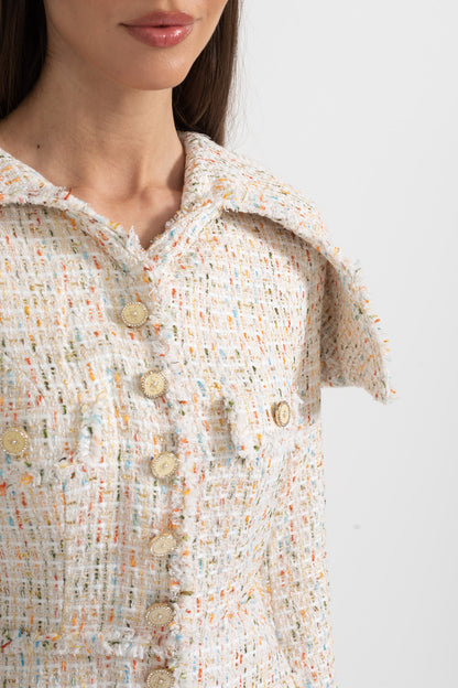 Vestido de Tweed Texturizado de Manga Longa com Lapas de Ombro Distintivas - Ivoire