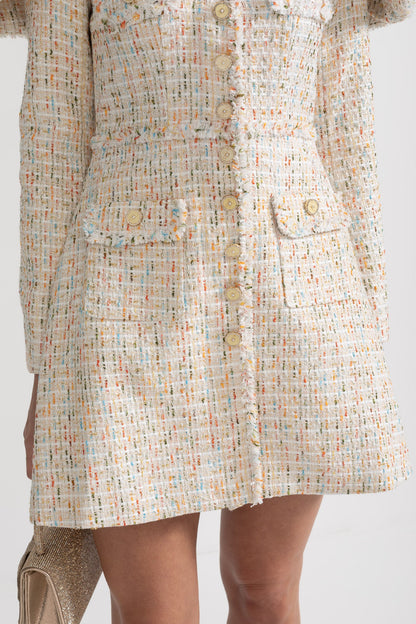 Vestido de Tweed Texturizado de Manga Longa com Lapas de Ombro Distintivas - Ivoire