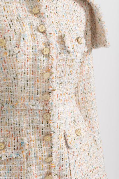 Vestido de Tweed Texturizado de Manga Longa com Lapas de Ombro Distintivas - Ivoire