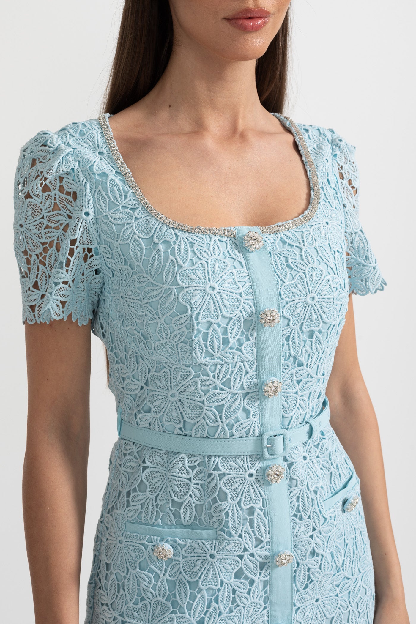 Vestido Midi de Renda Azul Delicada - Azul Bebé