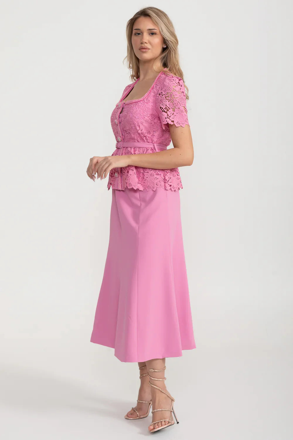 Vestido Elegante Com Top de Renda, Cinto Coordenado e Saia Coordenada - Rosa