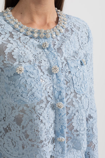 Conjunto de Renda com Detalhes Brilhantes no Decote e Saia Midi - Azul