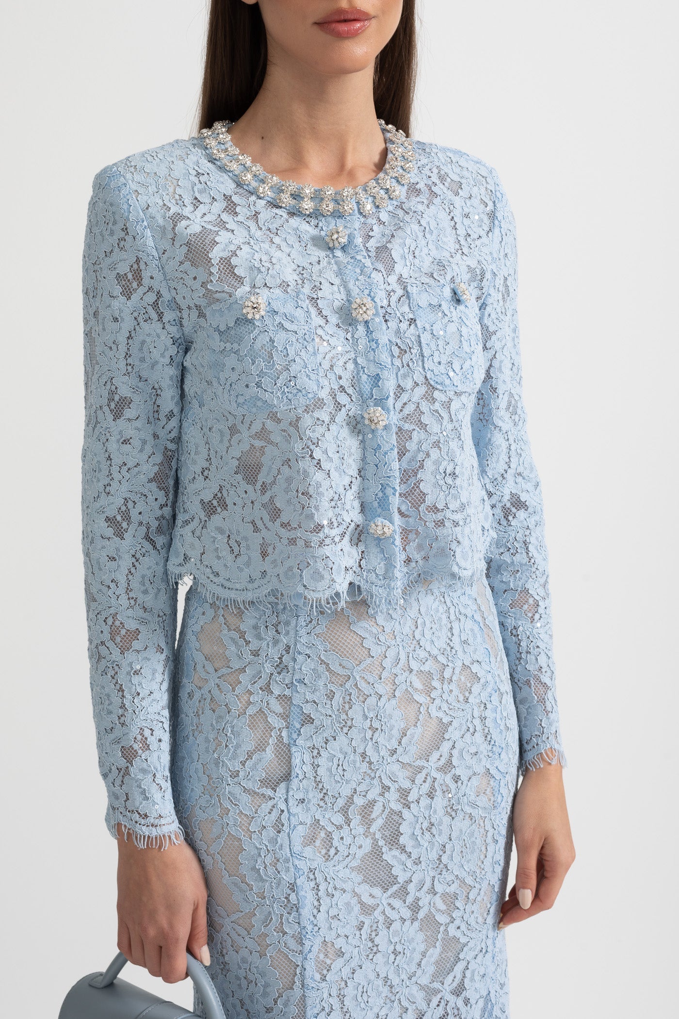 Conjunto de Renda com Detalhes Brilhantes no Decote e Saia Midi - Azul