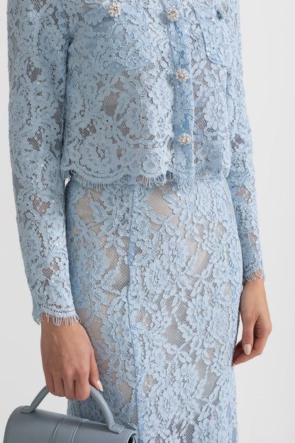 Conjunto de Renda com Detalhes Brilhantes no Decote e Saia Midi - Azul