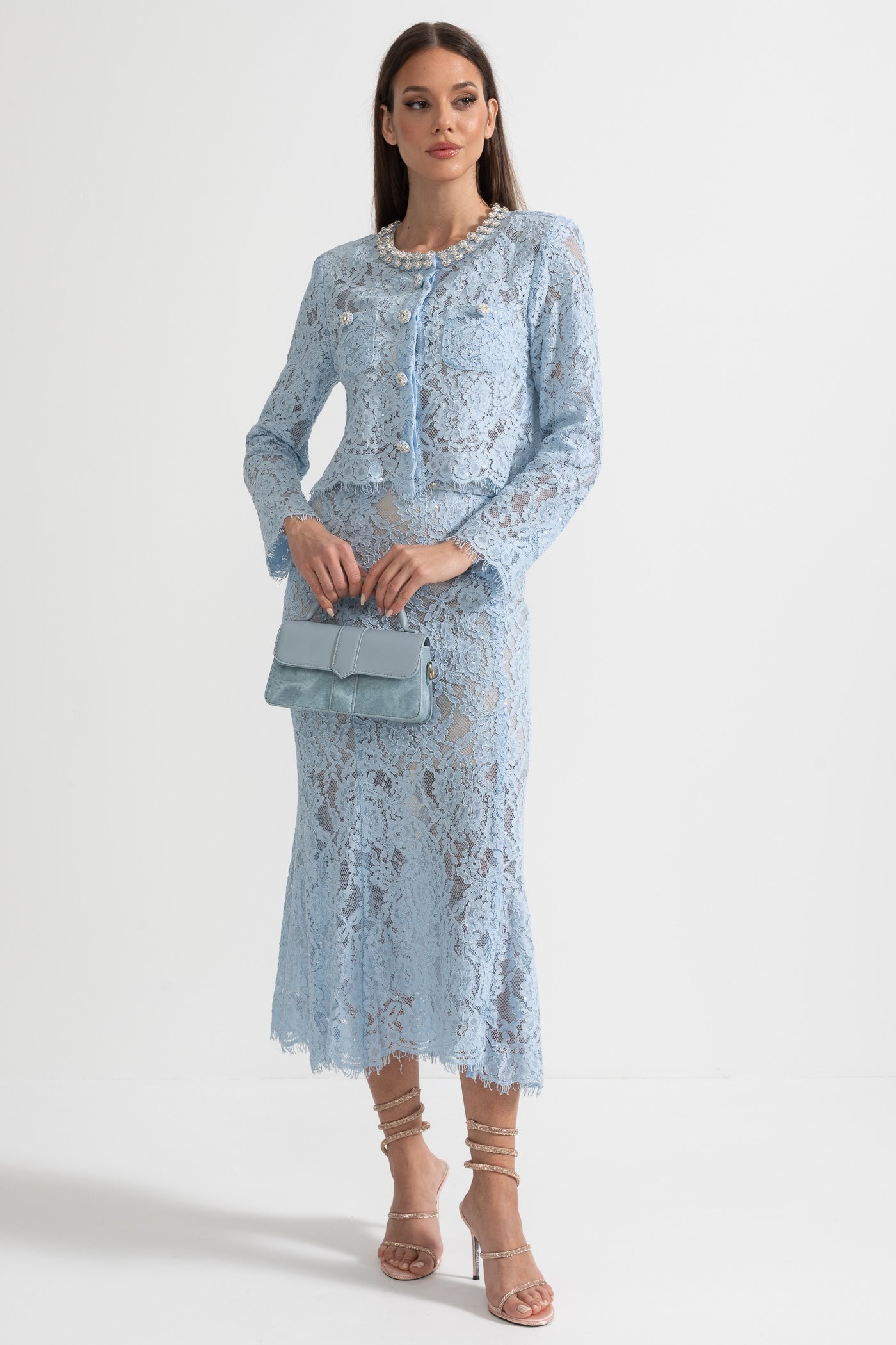 Conjunto de Renda com Detalhes Brilhantes no Decote e Saia Midi - Azul