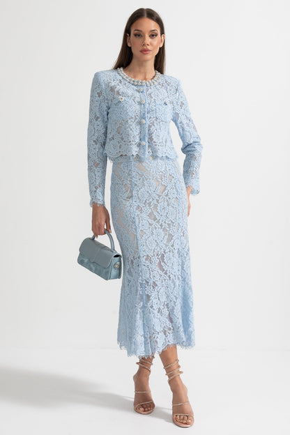 Conjunto de Renda com Detalhes Brilhantes no Decote e Saia Midi - Azul