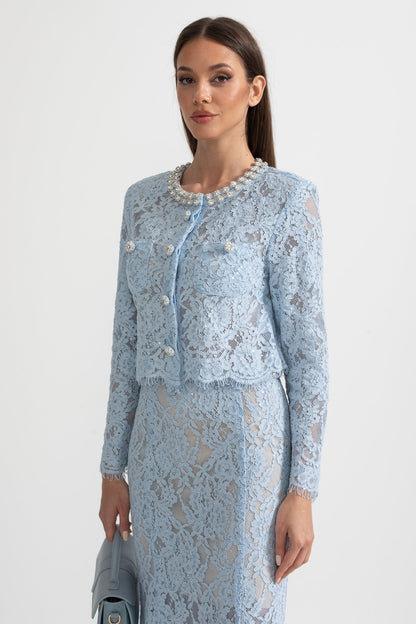 Conjunto de Renda com Detalhes Brilhantes no Decote e Saia Midi - Azul