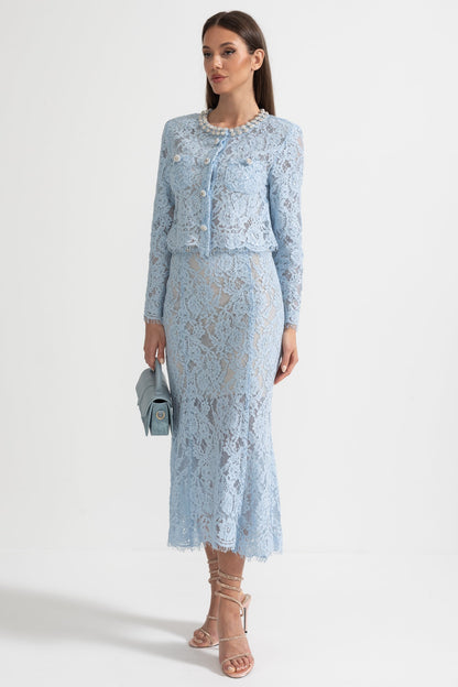 Conjunto de Renda com Detalhes Brilhantes no Decote e Saia Midi - Azul