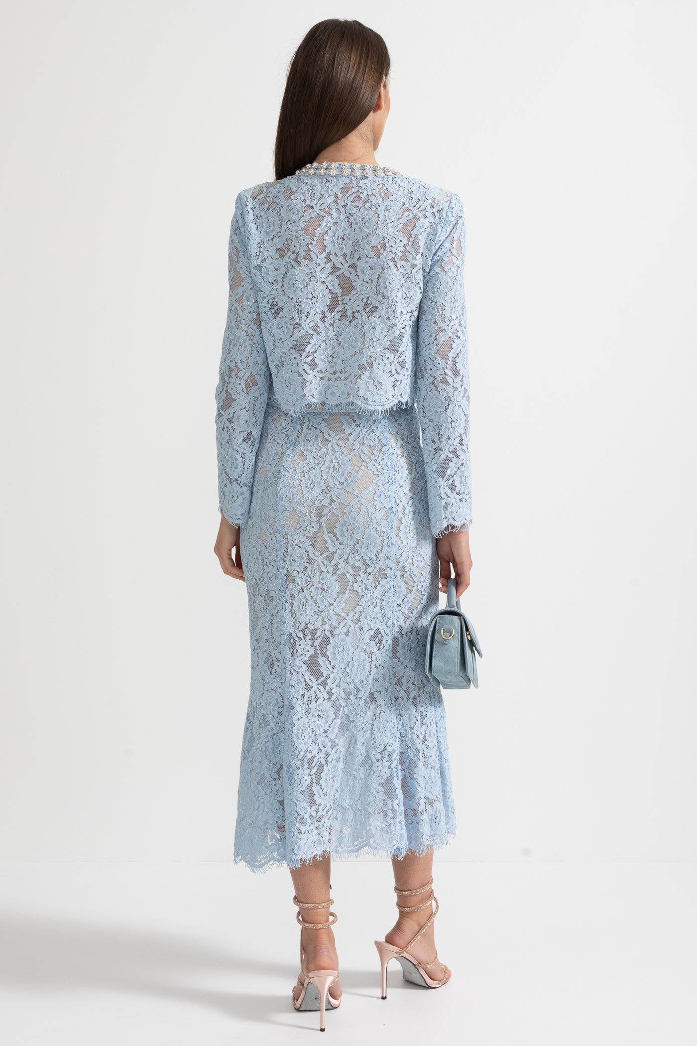 Conjunto de Renda com Detalhes Brilhantes no Decote e Saia Midi - Azul