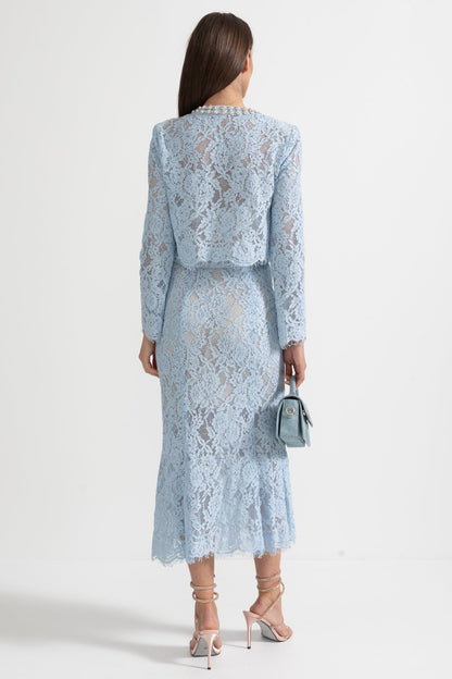 Conjunto de Renda com Detalhes Brilhantes no Decote e Saia Midi - Azul