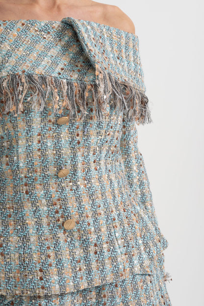 Conjunto de Tweed Xadrez com Top Off-Shoulder e Mini Saia Coordenada - Azul
