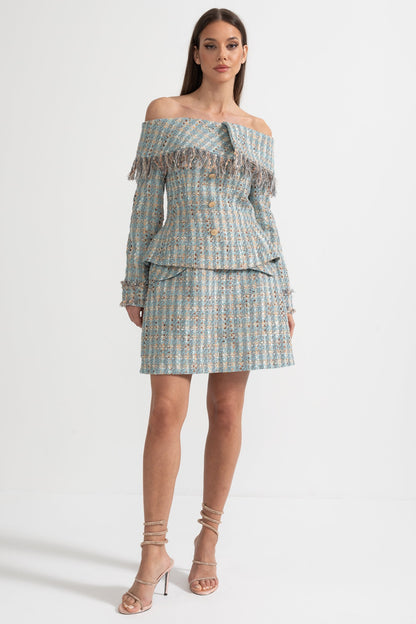 Conjunto de Tweed Xadrez com Top Off-Shoulder e Mini Saia Coordenada - Azul
