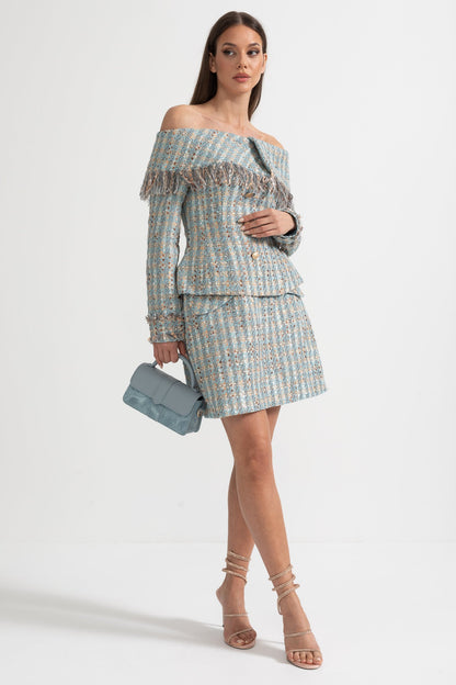 Conjunto de Tweed Xadrez com Top Off-Shoulder e Mini Saia Coordenada - Azul