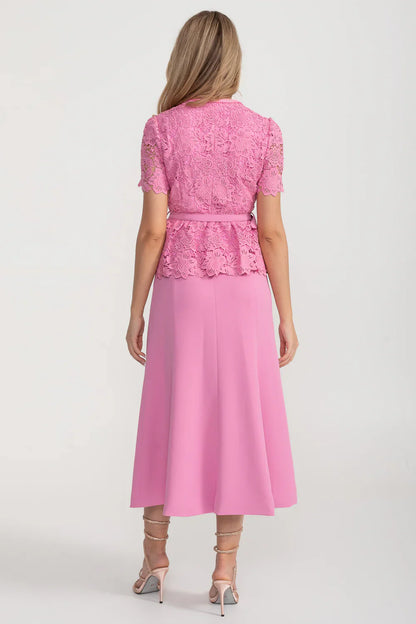 Vestido Elegante Com Top de Renda, Cinto Coordenado e Saia Coordenada - Rosa