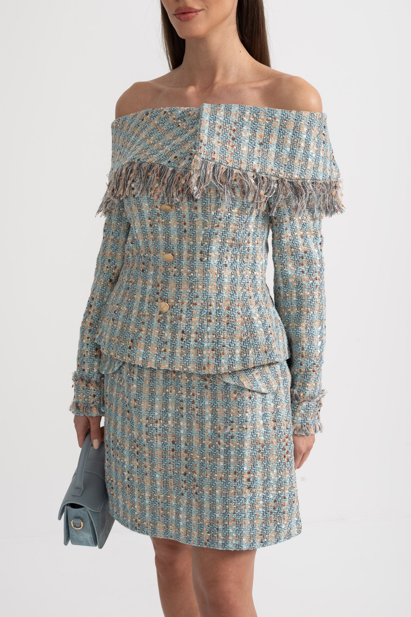 Conjunto de Tweed Xadrez com Top Off-Shoulder e Mini Saia Coordenada - Azul