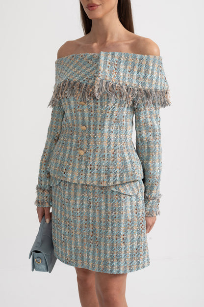 Conjunto de Tweed Xadrez com Top Off-Shoulder e Mini Saia Coordenada - Azul