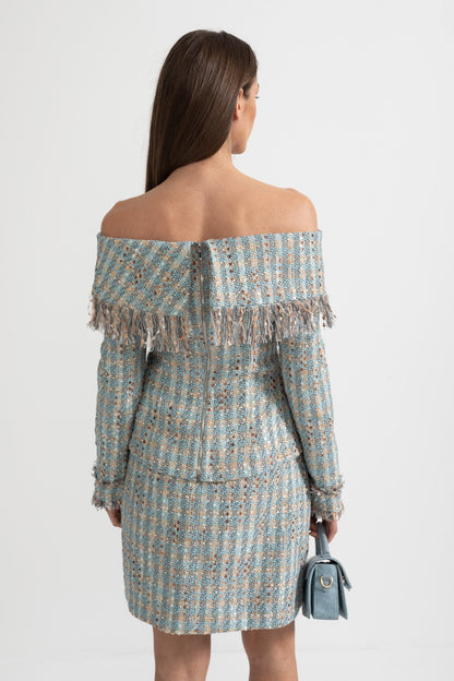 Conjunto de Tweed Xadrez com Top Off-Shoulder e Mini Saia Coordenada - Azul