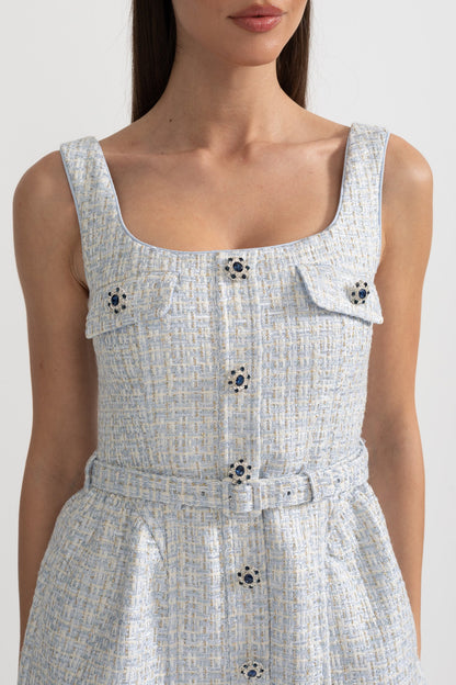 Vestido Mini Texturizado Com Corpete Justo E Botões Contrastantes - Azul Claro
