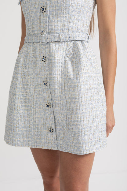Vestido Mini Texturizado Com Corpete Justo E Botões Contrastantes - Azul Claro