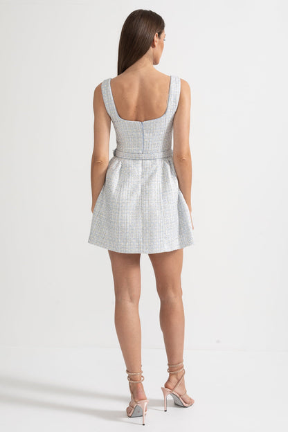 Vestido Mini Texturizado Com Corpete Justo E Botões Contrastantes - Azul Claro