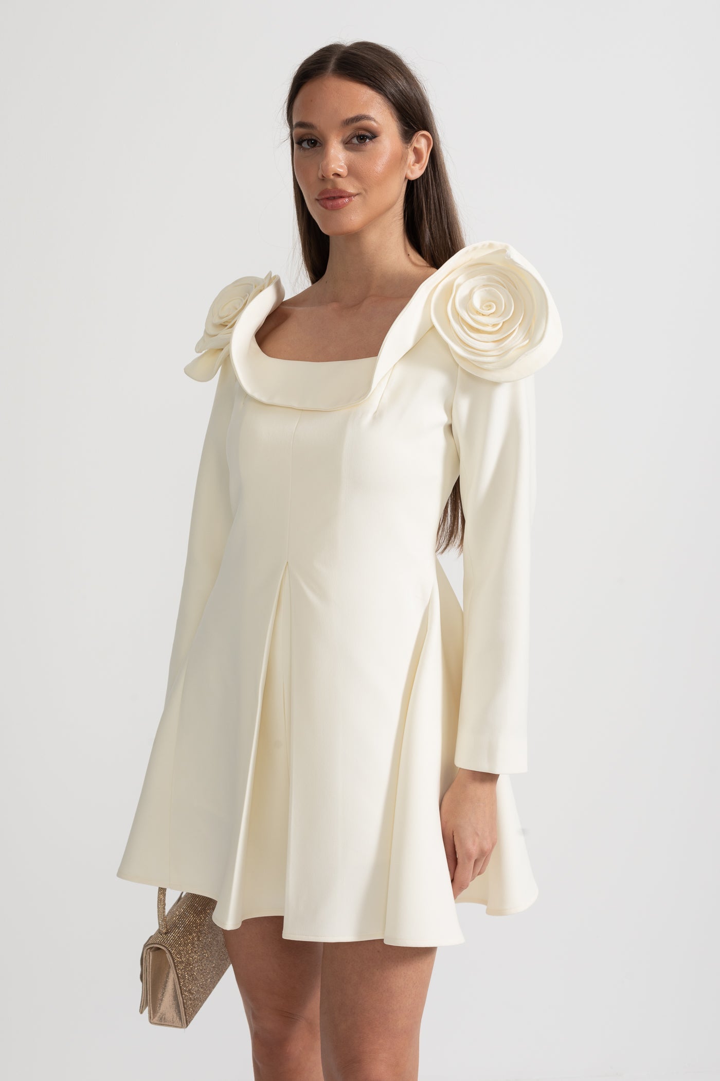 Vestido Mini Elegante Com Decote Quadrado, Apliques Florais 3D E Saia Larga - Ivoire