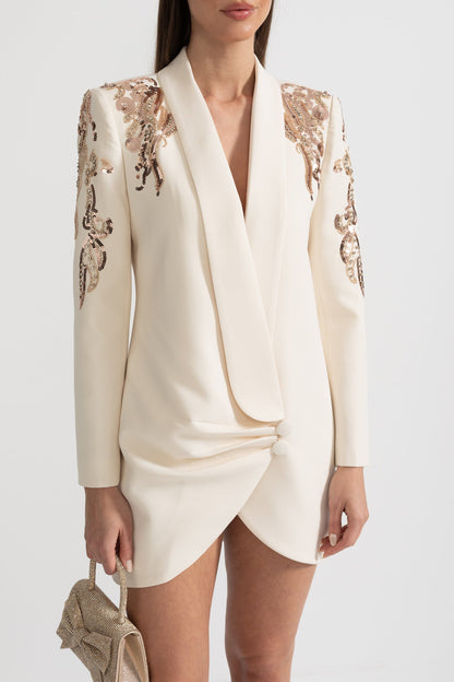 Blazer Drapado Com Bordado Intricado nos Ombros - Ivoire