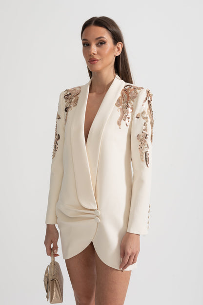 Blazer Drapado Com Bordado Intricado nos Ombros - Ivoire