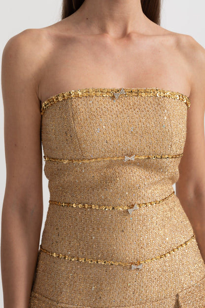 Vestido Texturizado Sem Alças Com Apliques Decorativos de Lantejoulas e Laços Brilhantes - Dourado