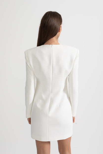 Vestido Mini de Manga Longa com Bordado Floral Contrastante - Branco