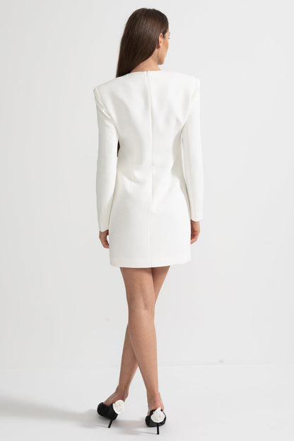 Vestido Mini de Manga Longa com Bordado Floral Contraste - Branco