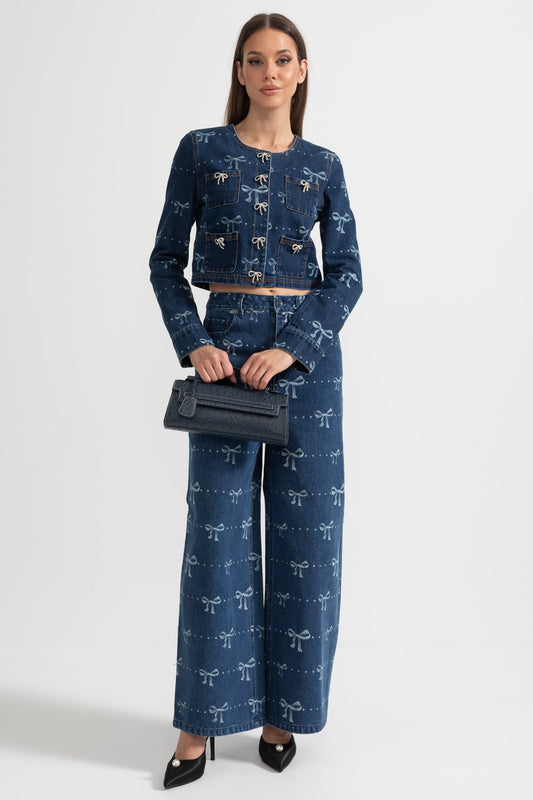 Conjunto de Denim com Casaco de Manga Longa e Jeans de Perna Larga - Azul