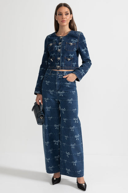 Conjunto de Denim com Casaco de Manga Longa e Jeans de Perna Larga - Azul