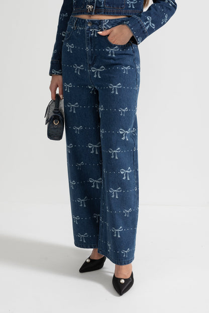 Conjunto de Denim com Casaco de Manga Longa e Jeans de Perna Larga - Azul