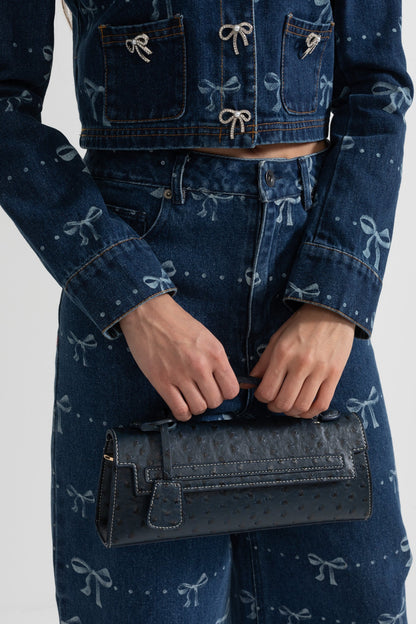 Bolsa Retangular Sofisticada com Padrão de Bolinhas - Azul Escuro