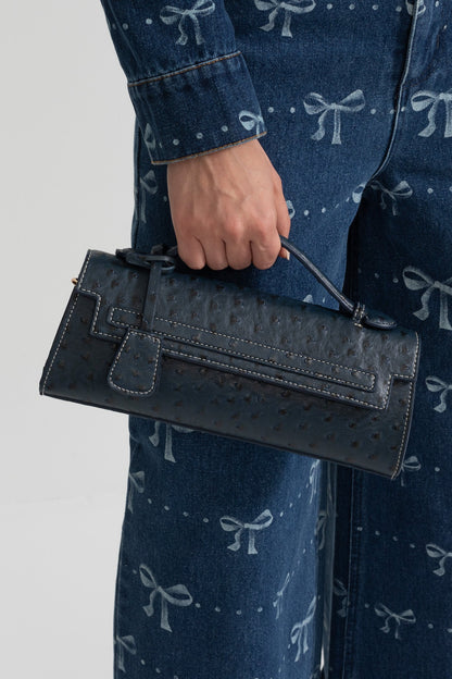 Bolsa Retangular Sofisticada com Padrão de Bolinhas - Azul Escuro