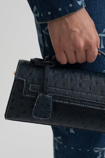 Bolsa Retangular Sofisticada com Padrão de Bolinhas - Azul Escuro
