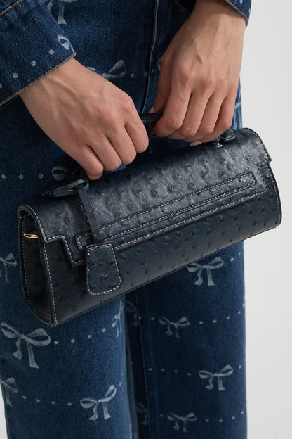 Bolsa Retangular Sofisticada com Padrão de Bolinhas - Azul Escuro