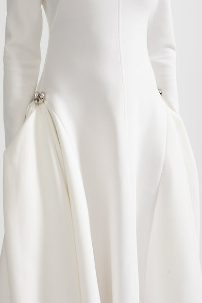 Vestido de Manga Longa com Hemisfério Assimétrico e Silhueta Estruturada - Branco