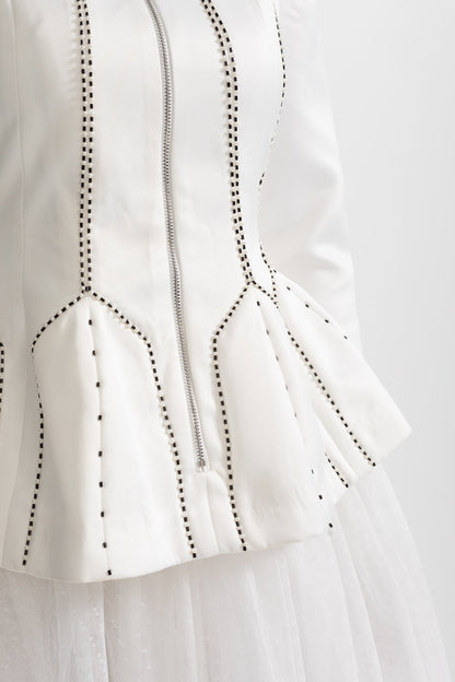 Conjunto de Casaco Peplum e Saia de Tule Transparente com Costuras Estruturadas - Branco