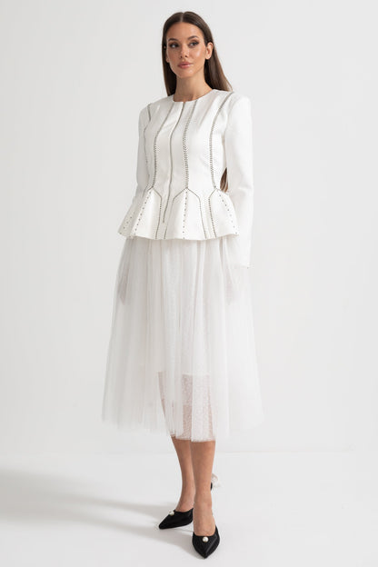 Conjunto de Casaco Peplum e Saia de Tule Transparente com Costuras Estruturadas - Branco